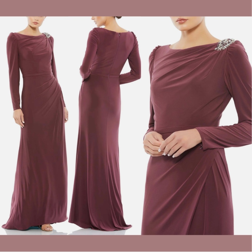 NWT IEENA Mac Duggal [ 12 ] Boat Long Sleeve Jersey Trumpet Gown‎ Mauve